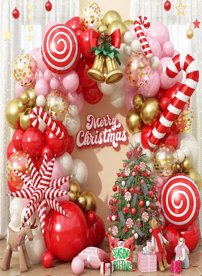 Togvu Christmas Balloon Arch Kit, Red Pink White Latex Balloon Garland Kit with Metallic Gold Confetti Balloons Red White Candy Cane Star Foil Christmas Mylar Balloons for Xmas Holiday New Year Party Decor - Image 1